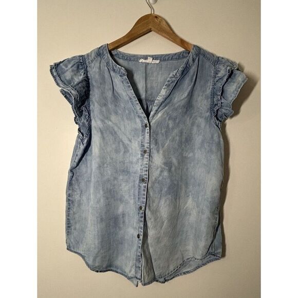 Jane + Delancey Women’s Size Medium Chambray Ruffle Sleeve Button Front Shirt - Picture 1 of 5